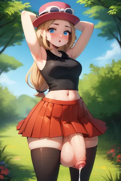 <lora:twistedscarlett60_style:0.8>,((masterpiece,best quality)), absurdres, <lora:serena_v1:0.6>, serena \(pokemon\), 1girl, long hair, hips, thighs, sexy adult, breasts, black thighhighs, long hair, hat, jewelry, bracelet, black thighhighs, collared shirt, pleated skirt, red skirt, sleeveless, high-waist skirt, sleeveless shirt, pink headwear, black shirt, eyewear on headwear, covered navel, solo, cinematic composition, contrapposto, blush, detailed blue eyes, detailed pupils, looking at viewer, parted lips, narrowed eyes,
forest setting, pathway, trees, flowers, grass, overgrown
standing, sweating, stretching, arms behind head, front view,
futanari, (gigantic) penis:1.4, flaccid, thick penis, hyper penis, <lora:futanari_concept_full_v1:0.8> futanari, veiny penis, testicles, detailed glans, <lora:FutaSkirt:1> penis under skirt, skirt bulge, leaking cum