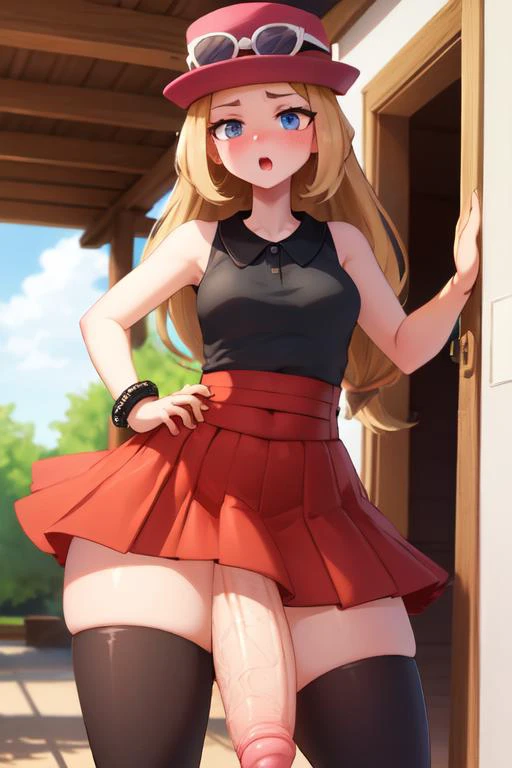 <lora:twistedscarlett60_style:0.8>,((masterpiece,best quality)), absurdres, <lora:serena_v1:0.6>, serena \(pokemon\), 1girl, long hair, hips, thighs, sexy adult, breasts, black thighhighs, long hair, hat, jewelry, bracelet, black thighhighs, collared shirt, pleated skirt, red skirt, sleeveless, high-waist skirt, sleeveless shirt, pink headwear, black shirt, eyewear on headwear, covered navel, solo, cinematic composition, contrapposto, blush, parted lips, cowboy shot, open mouth
house, entering a door, walking through an open door, parted lips, detailed blue eyes, detailed pupils, narrowed eyes, walking inside, walking indoors, outdoors, tired
<lora:FutaSkirt:1> penis under skirt, skirt bulge, leaking cum
futanari, (gigantic) penis:1.4, flaccid, hyper penis, <lora:futanari_concept_full_v1:0.8> futanari, veiny penis, testicles, detailed glans,