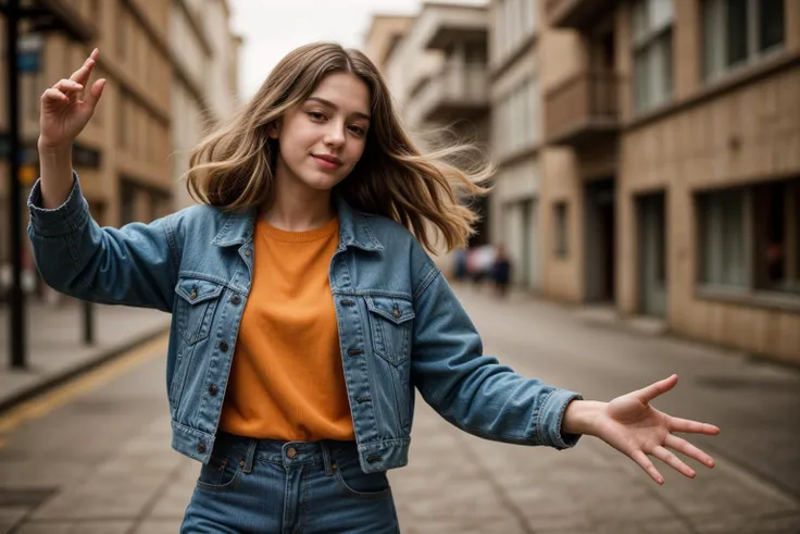 photo of a 18 year old girl,dancing,happy,denim jacket,(orange sweater:1.2),denim pants,floating hair,ourtoor,windy,ray tracing,detail shadow,shot on Fujifilm X-T4,85mm f1.2,sharp focus,depth of field,blurry background,bokeh,motion blur,<lora:add_detail:1>,<lora:LCM_LoRA_Weights_SD15:1>,