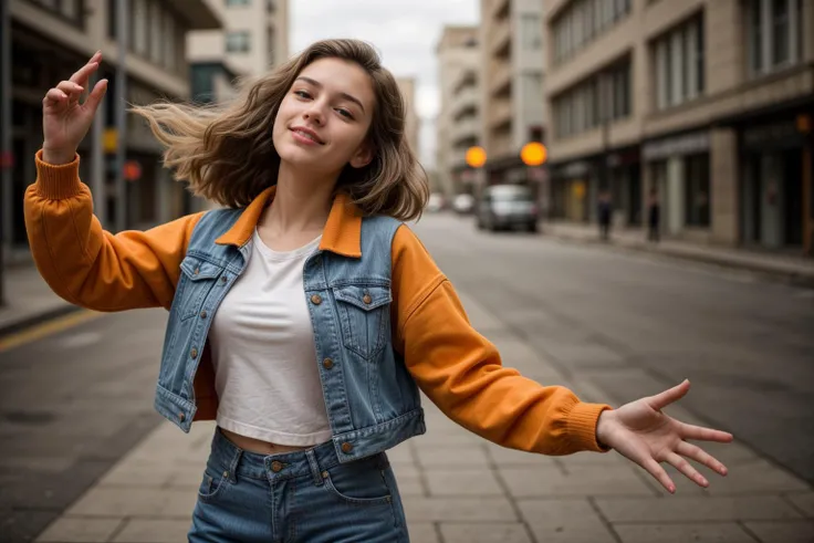 photo of a 18 year old girl,dancing,happy,denim jacket,(orange sweater:1.2),denim pants,floating hair,ourtoor,windy,ray tracing,detail shadow,shot on Fujifilm X-T4,85mm f1.2,sharp focus,depth of field,blurry background,bokeh,motion blur,<lora:add_detail:1>,<lora:LCM_LoRA_Weights_SD15:1>,