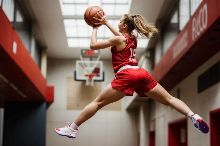 photo of a 18 year old girl,basketball player in a red shorts jumps in the air,holding a ball in her hand and shooting it towards the hoop,happy,laughing,looking at viewer,ray tracing,detail shadow,shot on Fujifilm X-T4,85mm f1.2,depth of field,bokeh,motion blur,<lora:add_detail:1>,
