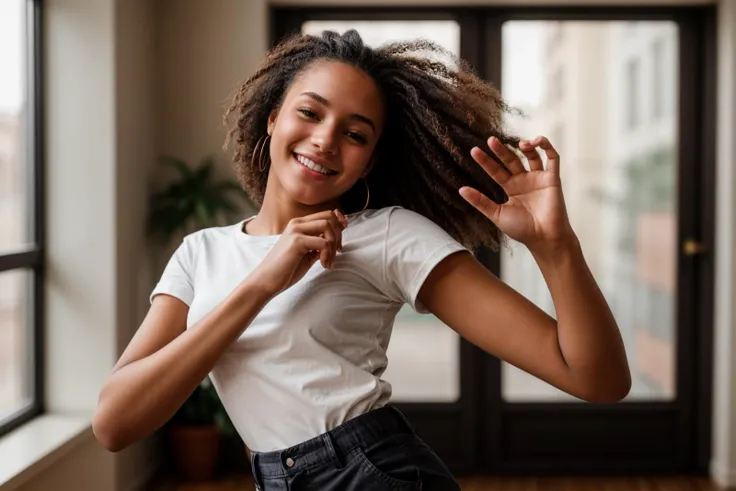 photo of a 18 year old girl,dancing,happy,shirt,pants,ray tracing,detail shadow,shot on Fujifilm X-T4,85mm f1.2,depth of field,blurry background,bokeh,motion blur,<lora:add_detail:1>,