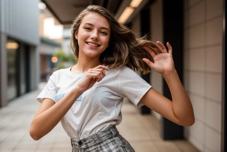 photo of a 18 year old girl,dancing,happy,shirt,pants,ray tracing,detail shadow,shot on Fujifilm X-T4,85mm f1.2,depth of field,blurry background,bokeh,motion blur,<lora:add_detail:1>,