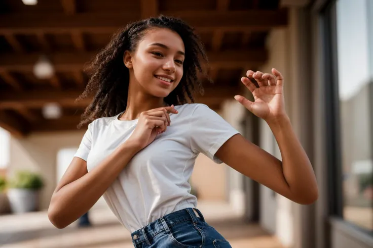 photo of a 18 year old girl,dancing,happy,shirt,pants,ray tracing,detail shadow,shot on Fujifilm X-T4,85mm f1.2,depth of field,blurry background,bokeh,motion blur,<lora:add_detail:1>,