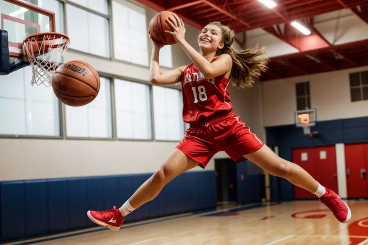 photo of a 18 year old girl,basketball player in a red shorts jumps in the air,holding a ball in her hand and shooting it towards the hoop,happy,laughing,ray tracing,detail shadow,shot on Fujifilm X-T4,85mm f1.2,depth of field,bokeh,motion blur,<lora:add_detail:1>,