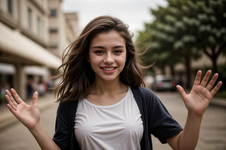 medium shot,photo of a 18 year old girl,dancing,happy,laughing,shirt,outdoor,windy,ray tracing,detail shadow,shot on Fujifilm X-T4,85mm f1.2,sharp focus,depth of field,blurry background,bokeh,motion blur,motion lines,<lora:add_detail:1>,<lora:LCM_LoRA_Weights_SD15:1>,