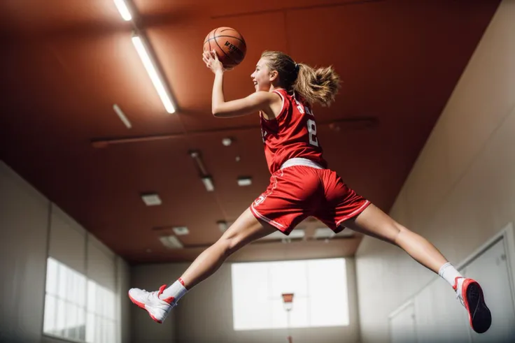 photo of a 18 year old girl,basketball player in a red shorts jumps in the air,holding a ball in her hand and shooting it towards the hoop,happy,laughing,ray tracing,detail shadow,shot on Fujifilm X-T4,85mm f1.2,depth of field,bokeh,motion blur,<lora:add_detail:1>,