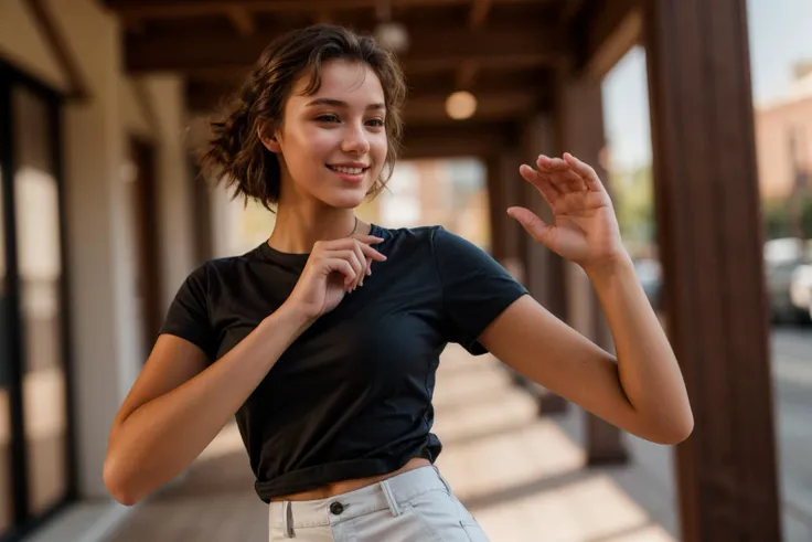 photo of a 18 year old girl,dancing,happy,shirt,pants,ray tracing,detail shadow,shot on Fujifilm X-T4,85mm f1.2,depth of field,blurry background,bokeh,motion blur,<lora:add_detail:1>,