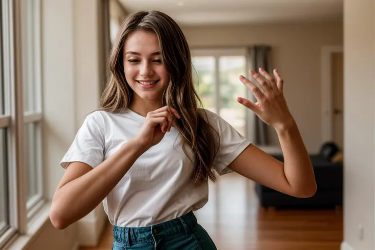 photo of a 18 year old girl,dancing,happy,shirt,pants,ray tracing,detail shadow,shot on Fujifilm X-T4,85mm f1.2,depth of field,blurry background,bokeh,motion blur,<lora:add_detail:1>,