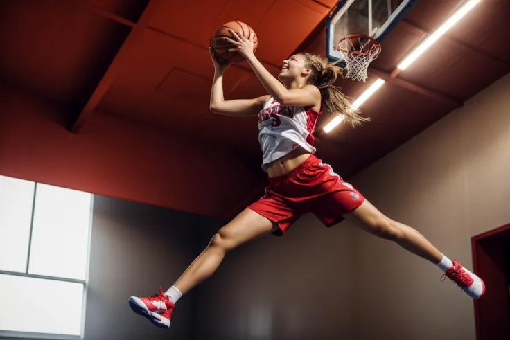 photo of a 18 year old girl,basketball player in a red shorts jumps in the air,holding a ball in her hand and shooting it towards the hoop,happy,laughing,ray tracing,detail shadow,shot on Fujifilm X-T4,85mm f1.2,depth of field,bokeh,motion blur,<lora:add_detail:1>,