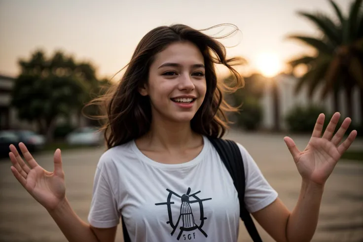 medium shot,photo of a 18 year old girl,dancing,happy,laughing,shirt,outdoor,windy,ray tracing,detail shadow,shot on Fujifilm X-T4,85mm f1.2,sharp focus,depth of field,blurry background,bokeh,motion blur,motion lines,<lora:add_detail:1>,<lora:LCM_LoRA_Weights_SD15:1>,