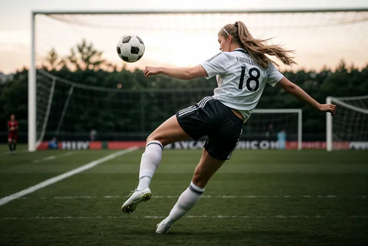 full body,photo of a 18 year old girl,kicking a soccer,happy,ray tracing,detail shadow,shot on Fujifilm X-T4,85mm f1.2,sharp focus,depth of field,blurry background,bokeh,motion blur,<lora:add_detail:1>,