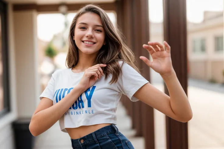 photo of a 18 year old girl,dancing,happy,shirt,pants,ray tracing,detail shadow,shot on Fujifilm X-T4,85mm f1.2,depth of field,blurry background,bokeh,motion blur,<lora:add_detail:1>,