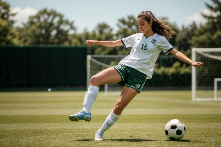 full body,photo of a 18 year old girl,kicking a soccer,happy,ray tracing,detail shadow,shot on Fujifilm X-T4,85mm f1.2,sharp focus,depth of field,blurry background,bokeh,motion blur,<lora:add_detail:1>,