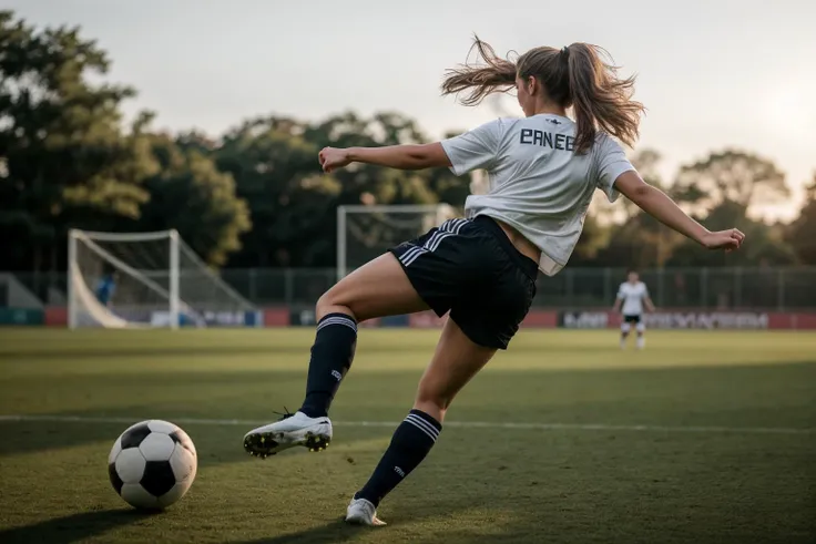 full body,photo of a 18 year old girl,kicking a soccer,happy,ray tracing,detail shadow,shot on Fujifilm X-T4,85mm f1.2,sharp focus,depth of field,blurry background,bokeh,motion blur,<lora:add_detail:1>,
