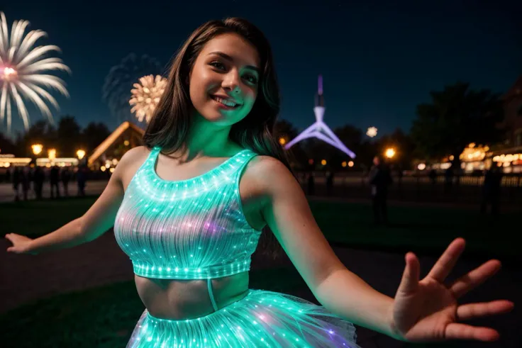 photo of a 18 year old girl,dancing,happy,wearing fiber optic led dress,outdoor,windy,themepark,night,firework,ray tracing,detail shadow,shot on Fujifilm X-T4,85mm f1.2,sharp focus,depth of field,blurry background,bokeh,<lora:add_detail:1>,