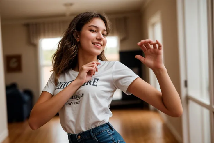 photo of a 18 year old girl,dancing,happy,shirt,pants,ray tracing,detail shadow,shot on Fujifilm X-T4,85mm f1.2,depth of field,blurry background,bokeh,motion blur,<lora:add_detail:1>,