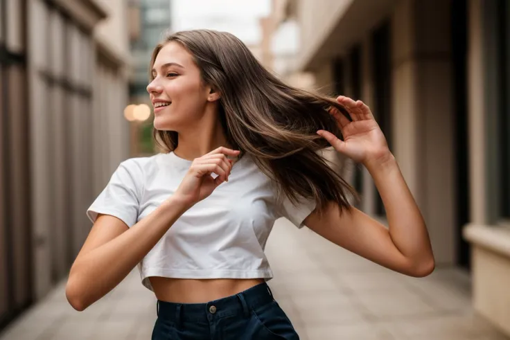 photo of a 18 year old girl,dancing,happy,shirt,pants,ray tracing,detail shadow,shot on Fujifilm X-T4,85mm f1.2,depth of field,blurry background,bokeh,motion blur,<lora:add_detail:1>,