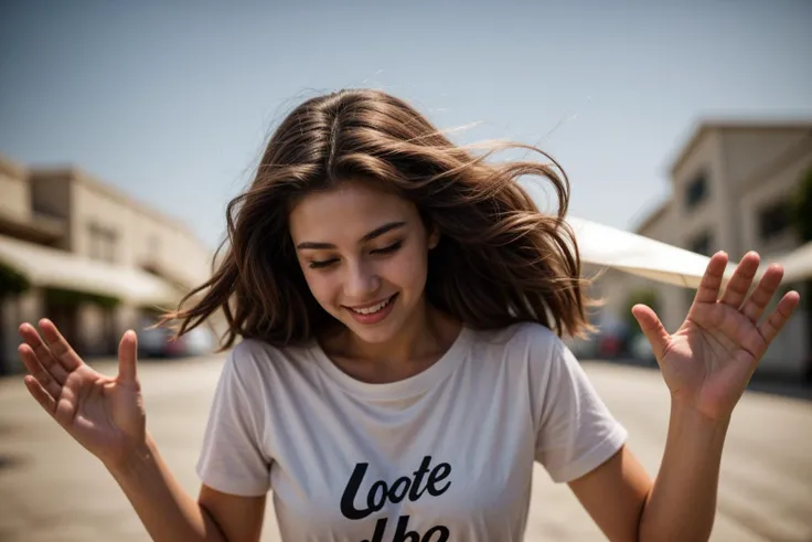 medium shot,photo of a 18 year old girl,dancing,happy,laughing,shirt,outdoor,windy,ray tracing,detail shadow,shot on Fujifilm X-T4,85mm f1.2,sharp focus,depth of field,blurry background,bokeh,motion blur,motion lines,<lora:add_detail:1>,<lora:LCM_LoRA_Weights_SD15:1>,