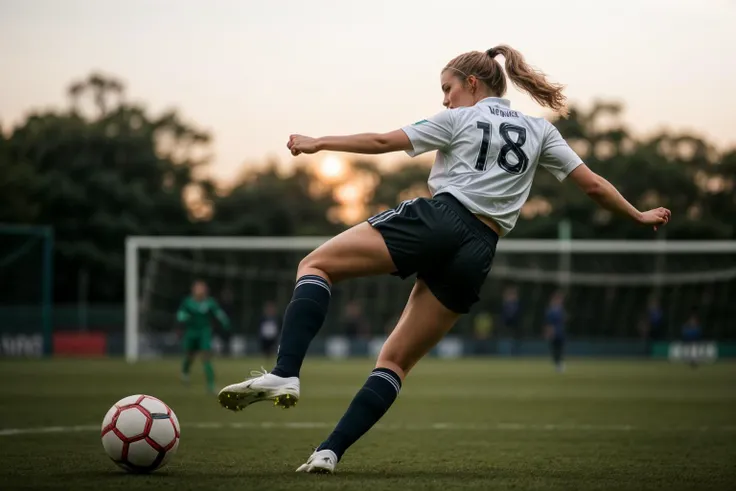 full body,photo of a 18 year old girl,kicking a soccer,happy,ray tracing,detail shadow,shot on Fujifilm X-T4,85mm f1.2,sharp focus,depth of field,blurry background,bokeh,motion blur,<lora:add_detail:1>,
