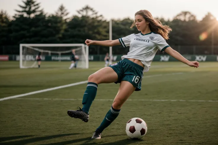 full body,photo of a 18 year old girl,kicking a soccer,happy,ray tracing,detail shadow,shot on Fujifilm X-T4,85mm f1.2,sharp focus,depth of field,blurry background,bokeh,motion blur,<lora:add_detail:1>,