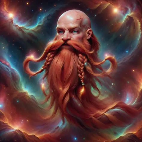 martius_nebula <lora:Harry_Dwarf_1.5:0.8> Harry_Dwarf, Braided moustache, flowing long red beard, bald , bangles, <lora:Cosmic_Nebula_Style:1> , full body shot