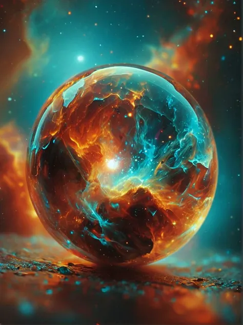 (martius_nebula:1.2), a surreal and vibrant scene. At the center, there's a spherical object that appears to be a crystal ball, but with a twist it's not just a crystal ball, it's a portal to another world. The portal is a swirling vortex of colors, with hues of red, orange, and yellow dominating the scene, suggesting a fiery or molten core. This fiery core is not just a static element; it's alive with movement, as if it's a living entity, perhaps a dragon or a mythical creature, captured in a moment of intense energy.
es the viewer to imagine what lies beyond the portal, and what secrets the fiery core might hold.
. <lora:MJ52:0.8> <lora:eye_catching:0.8>  <lora:Cosmic_Nebula_Style:1.0>,