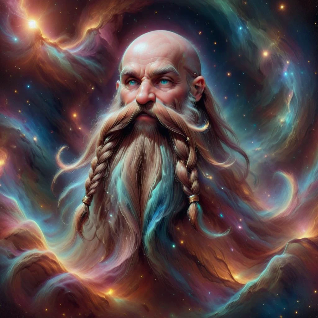 martius_nebula <lora:Harry_Dwarf_1.5:0.8> Harry_Dwarf, Braided moustache, flowing long beard, bald , bangles, <lora:Cosmic_Nebula_Style:1> , full body shot