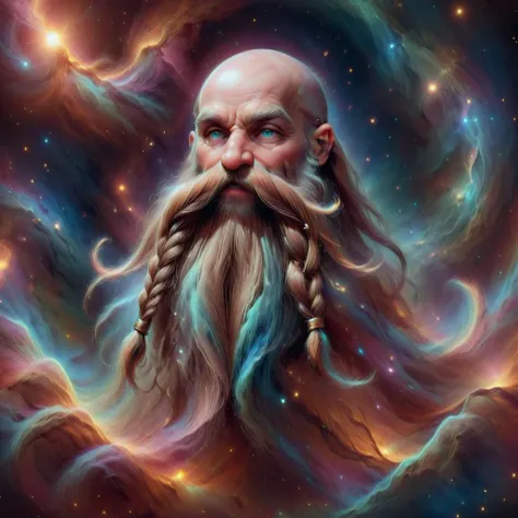 martius_nebula <lora:Harry_Dwarf_1.5:0.8> Harry_Dwarf, Braided moustache, flowing long beard, bald , bangles, <lora:Cosmic_Nebula_Style:1> , full body shot