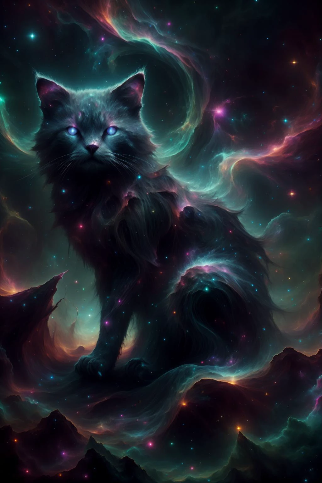 aurorastyle martius_nebula eldrichtech cosmic cat <lora:CosmicEldritchTech:1> <lora:aurora-style-richy-v1:0.6> <lora:Cosmic_Nebula_Style_SD1.5:0.6>