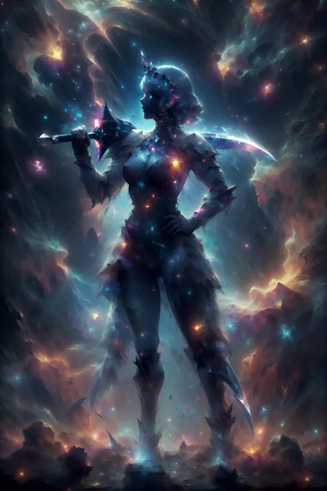 masterpiece, best quality, highres, 8k, <lora:Concept_SwordOverShoulder:0.9> weapon over shoulder, (giant sword:1.3), standing, armor, hand on hip <lora:Cosmic_Nebula_Style_SD1.5:1.3> martius_nebula, cosmic, (a silhouette of a girl made of sparks:1.3), sharp edges, glowing eyes, wearing crown, , looking at viewer, full body