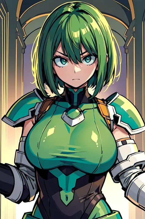 (masterpiece), best quality, lot of details, 1 girl,solo, huge breasts, mature female, close-up, upper body, green eyes, bob cut, light green hair,  <lora:1 Style Horikoshi:0.7>, armored bodysuit, shoulder armor, serious