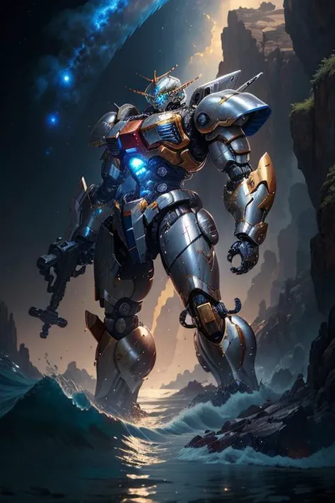 masterpiece, best quality, ((((boy)))),mecha,(hammer), <lora:planetSimulatorLora_:0.8>,earth,milky_way,starry,no_humans,water,((armor)), water