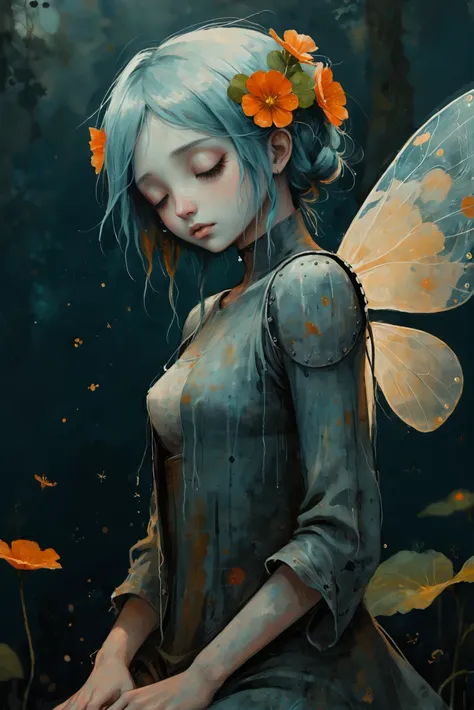 dark, moody anime digital painting, 1girl, woman, darkslateblue skin, f/1.4 lens, bokeh, tiny beige Nasturtium faerie,insect wings, see-through gossamer, bombshell hair, corroded color:aquamarine metal and forest green hair, twintails, pale tomato clothes, small breasts, wide hips, narrow waist, tall, sexy thicc hourglass figure, caucasian<lora:EnvyStarlightDarkAnime02:1>