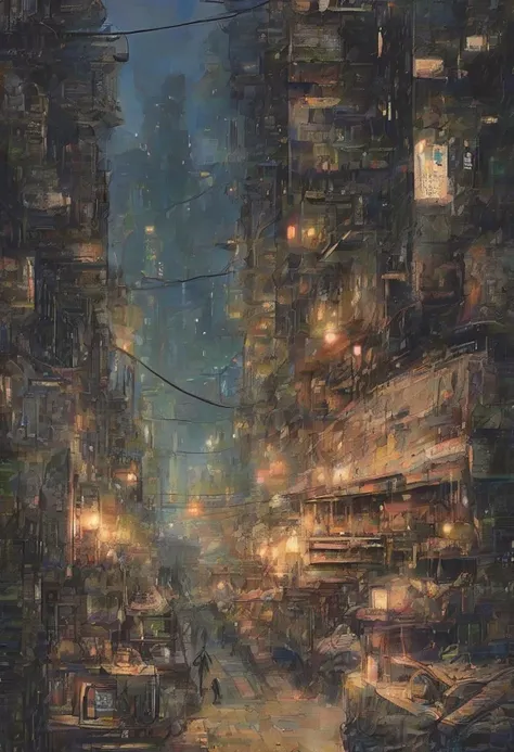 dark, moody anime digital painting, Cryptic fantasy megacity outside of reality<lora:EnvyStarlightDarkAnime02:1>