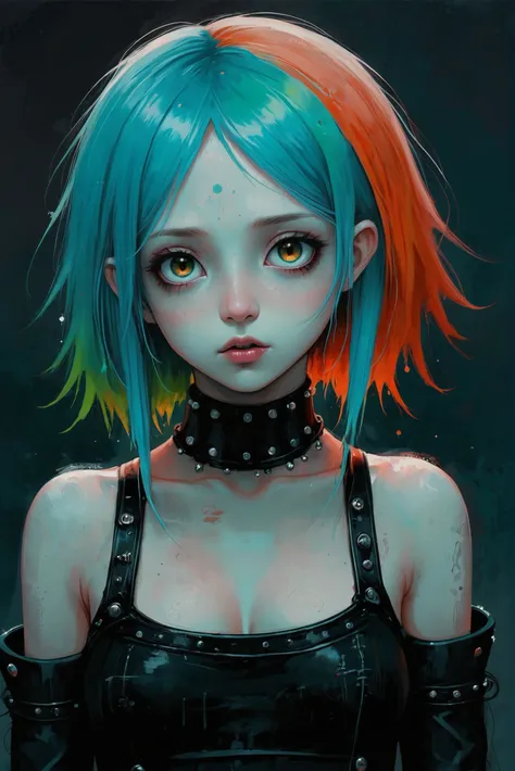 dark, moody anime digital painting, eyes open, 1girl, woman, goth girl, sexy costume design,punk hair, bombshell hair, sparkling...