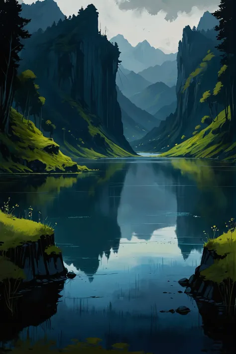 dark, moody anime digital painting, eyes open. artificial lake region<lora:envystarlightdarkanime02:1>