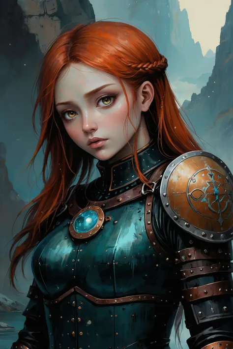 dark, moody anime digital painting, eyes open. 1girl, woman, heroic arctic celtic witch, (muscular:1), leather armor, leather pauldrons, head resting on hands, bombshell hair, iridescent bright color:lemonchiffon hair with copper highlights, braid, matte powderblue clothes, toned hourglass figure, (dark skin:1.3),control room in a whimsical,empty fantasy cliffside megastructure outside of the universe, masterpiece, by Brian Sum (Bao Bao)<lora:EnvyStarlightDarkAnime02:1>