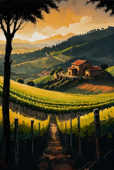 dark, moody anime digital painting, eyes open. golden hour, scenery, steel Otaku Hillside vineyard in Tuscany by a villiaumite mine<lora:EnvyStarlightDarkAnime02:1>