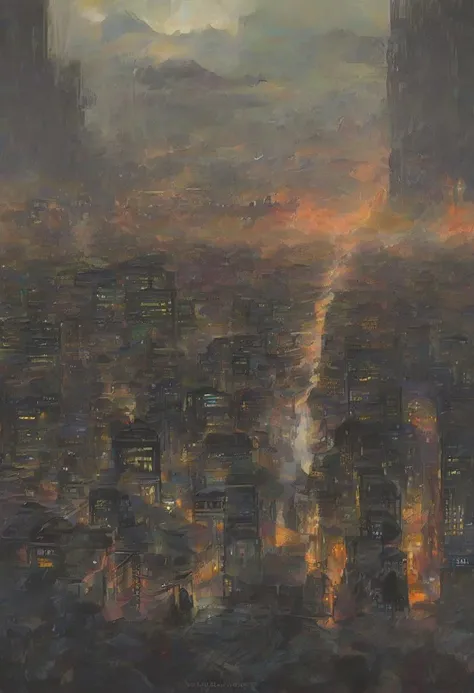 dark, moody anime digital painting, Cryptic fantasy megacity outside of reality<lora:EnvyStarlightDarkAnime02:1>