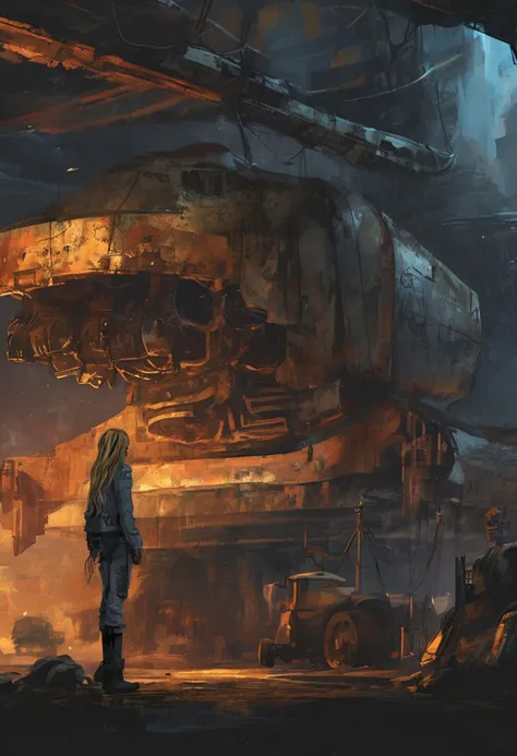 dark, moody anime digital painting, a young female starship pilot stood next to a rusty spaceship in a cargo port, distant city, planetary rings, overalls, long blonde hair, goggles,