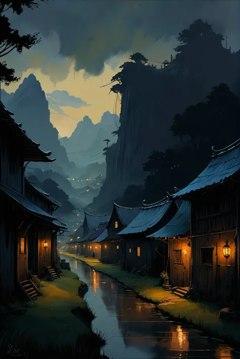 dark, moody anime digital painting, lively fantasy village at the end of reality<lora:envystarlightdarkanime02:1>