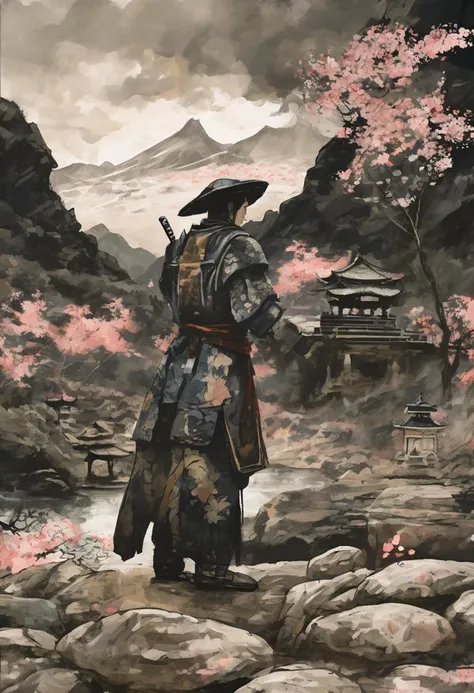 dark, moody anime digital painting, Japanese Samurai warrior in armor, zen garden, spring, sunshine, sakura, meditation, stream, rock garden,