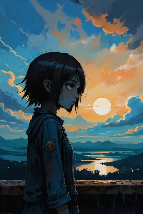 dark, moody anime digital painting, eyes open, golden hour, blue sky, clouds, scenery, in a gen x soft club lunar cusp observati...