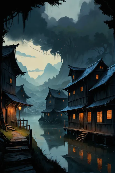 dark, moody anime digital painting, educational outreach and media room \(room\) in a sprawling fantasy hamlet beyond the beginn...