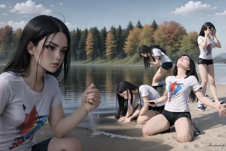 Highly detailed, High Quality, Masterpiece, beautiful, DramaticDmitry, <lora:DramaticDmitry-10:1>, 1girl, black hair, red eyes, long hair, shirt, white shirt, shorts, short shorts, black shorts