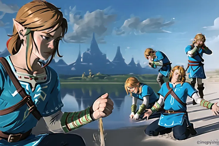 Highly detailed, High Quality, Masterpiece, beautiful, DramaticDmitry, <lora:DramaticDmitry-10:1>, link, he legend of zelda, the legend of zelda: breath of the wild, blue tunic, <lora:Char_Zelda_Link:1>