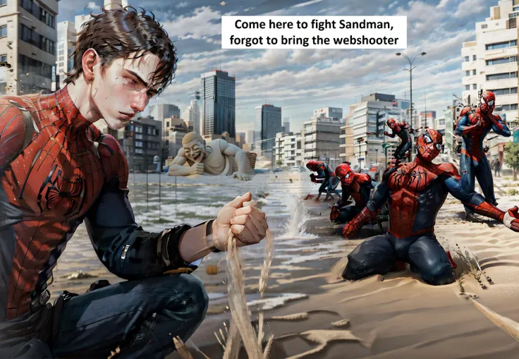 <lora:DramaticDmitry:1> DramaticDmitry, <lora:spidermanclasicV10_v10:0.8> SpidermanClasic male, city, daylight, sand on road, holding sand, road, cars,