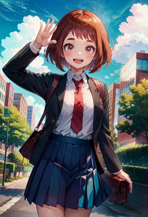 nsfw, uraraka ochako, 1girl, u.a._school_uniform, school_uniform, solo, necktie, blush_stickers, skirt, open_mouth, looking_at_viewer, smile, red_necktie, pleated_skirt, jacket, sky, bag, day, cloud, backpack, blazer, :d, long_sleeves, teeth, shirt, grey_jacket, blue_sky, tree, collared_shirt, outdoors, white_shirt, blush, waving, green_skirt, upper_teeth_only, window, cowboy_shot, standing, cloudy_sky, <lora:uraraka_ochako:1>