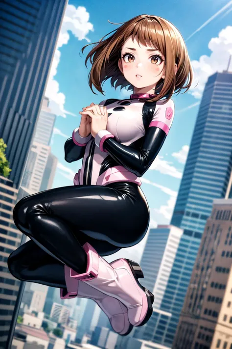 (masterpiece, best quality, detailed), 1girl, solo, looking at viewer, uraraka ochako, brown hair, brown eyes, short hair,
bodysuit, boots, blush stickers, superhero, black bodysuit, outdoors, city, day, skyscraper, jumping, dutch angle, serious, parted lips, own hands together,